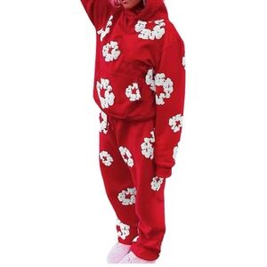 Trendy Red Hoodie and Sweatpants Set size medium with White Floral Print